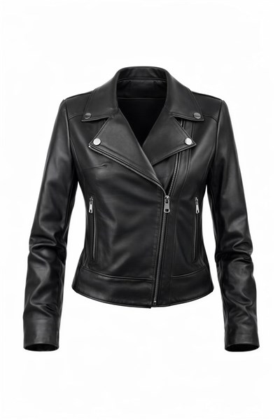 Tabakhanem Kadın Siyah Hakiki Deri Ceket - Çıtçıt Yaka Biker Model