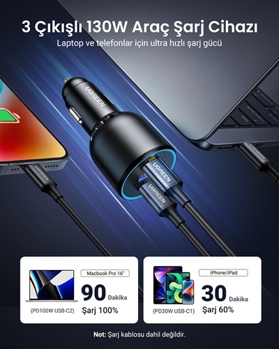 UGREEN 130W QC PD Hızlı Araç İçi Şarj Cihazı Çakmaklık Adaptörü 2xUSB-C, 1xUSB-A, Siyah, 90413