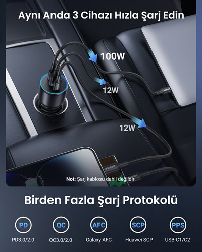 UGREEN 130W QC PD Hızlı Araç İçi Şarj Cihazı Çakmaklık Adaptörü 2xUSB-C, 1xUSB-A, Siyah, 90413