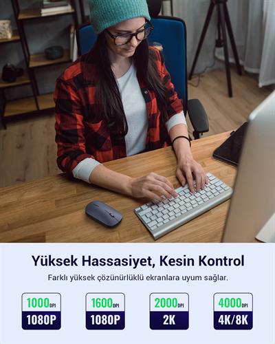 UGREEN 2.4Ghz USB Bağlantısı, 4000 Dpi, Sessiz Tuşlu Kablosuz Optik Mouse, Siyah, 90372