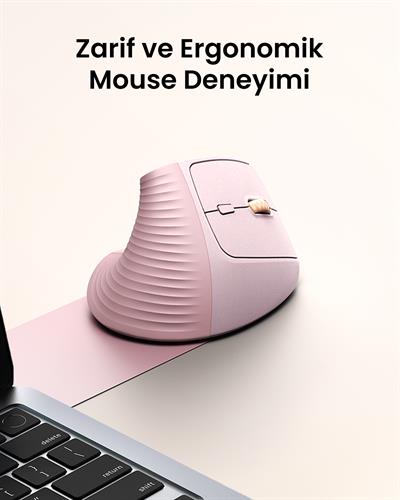 UGREEN 2.4Ghz USB Bağlantısı, 4000 Dpi, 57° Dikey Açı, Ergonomik Dikey Kablosuz Gelişmiş Mouse, Pembe, 55917