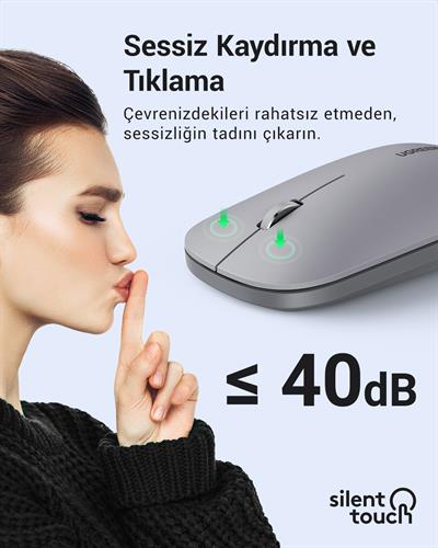 UGREEN 2.4Ghz USB Bağlantısı, 4000 Dpi, Sessiz Tuşlu Kablosuz Optik Mouse, Gri, 90373