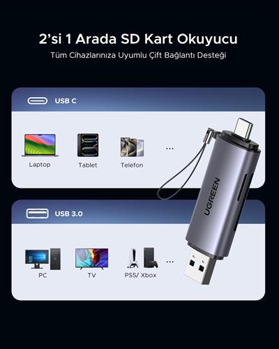 UGREEN 2-in-1 USB-C, USB-A SD, TF OTG Kart Okuyucu Adaptör, 50706