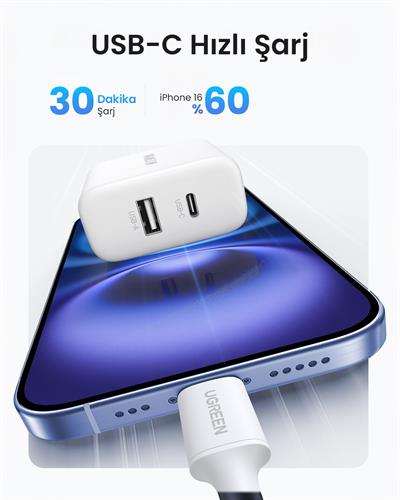 UGREEN 20W 2 Portlu Hızlı Şarj Cihazı, 1xUSB-A, 1xUSB-C, Beyaz, 45310