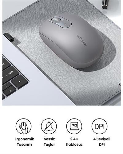 UGREEN 2400DPI 2.4Ghz Wireless Kablosuz Sessiz Mouse Gri, 90669