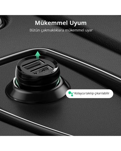 UGREEN 24W Araç Çakmaklık Şarj Cihazı 2xUSB-A, Siyah, 50875