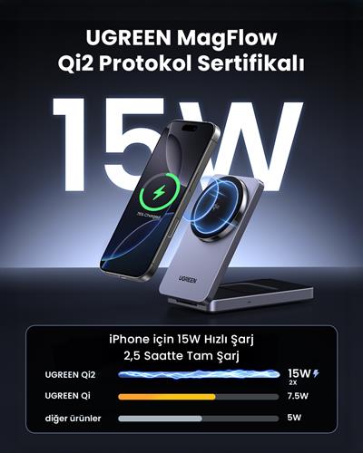 UGREEN 2si 1 Arada 15W Magnetik Wireless Kablosuz Şarj Cihazı, Siyah, 45023