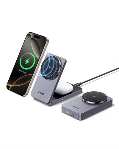 UGREEN 2si 1 Arada 15W Magnetik Wireless Kablosuz Şarj Cihazı, Siyah, 45023