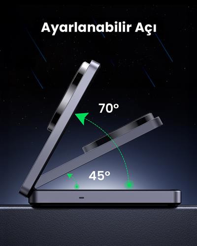 UGREEN 2si 1 Arada 15W Magnetik Wireless Kablosuz Şarj Cihazı, Siyah, 45023