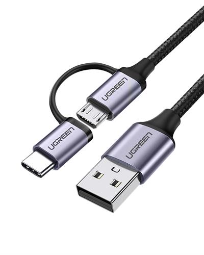 UGREEN 2si 1 Arada Örgülü Type-C Micro USB Şarj ve Data Kablosu 1 Metre, 30875