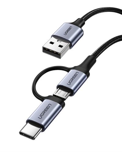UGREEN 2si 1 Arada Örgülü Type-C Micro USB Şarj ve Data Kablosu 1 Metre, 30875