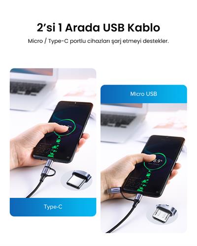 UGREEN 2si 1 Arada Örgülü Type-C Micro USB Şarj ve Data Kablosu 1 Metre, 30875