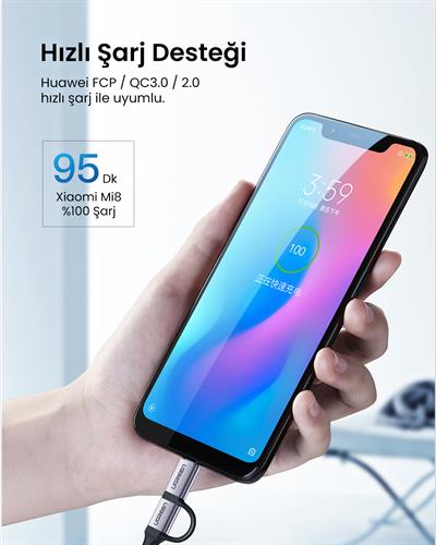 UGREEN 2si 1 Arada Örgülü Type-C Micro USB Şarj ve Data Kablosu 1 Metre, 30875