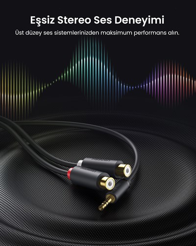 UGREEN 3.5mm Erkek - 2 RCA Dişi Jaklı Stereo Ses Kablosu Y Adaptörü Altın Kaplama Kulaklık Kablosu, 25cm, 10547