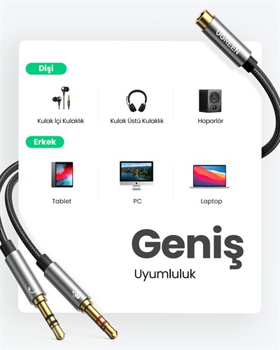 UGREEN 3.5mm Ses-Mikrofon Birleştirici Y Kulaklık Ses Ayırıcı Kablo Mikrofon Stereo Jak Kulaklık Bağlantı Noktası Kablosu, 20899