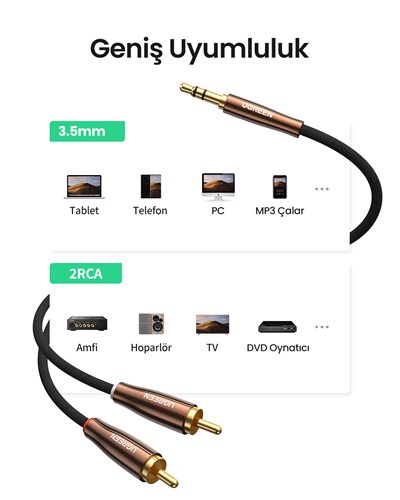 UGREEN 3.5mm to 2 Male RCA Kablo Stereo Audio Adaptör Örgülü Kablo Hi-Fi Sound Auxiliary RCA Y Splitter, 2m, 80845