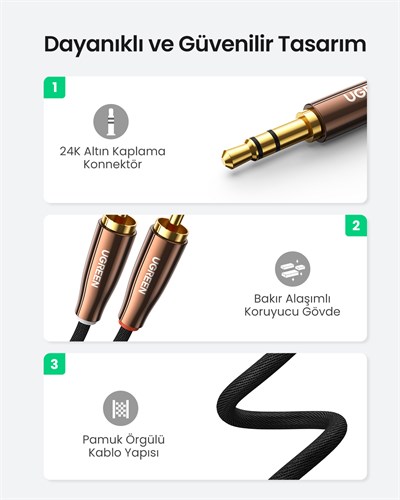 UGREEN 3.5mm to 2 Male RCA Kablo Stereo Audio Adaptör Örgülü Kablo Hi-Fi Sound Auxiliary RCA Y Splitter, 1m, 80845