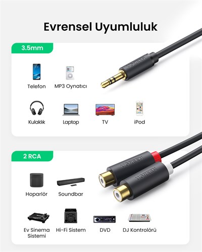 UGREEN 3.5mm Erkek - 2 RCA Dişi Jaklı Stereo Ses Kablosu Y Adaptörü Altın Kaplama Kulaklık Kablosu, 25cm, 10547