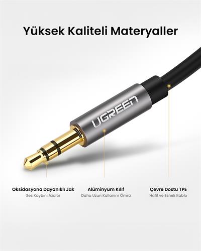 UGREEN 3.5mm Aux Ses Kablosu, 2m, Siyah, 10735