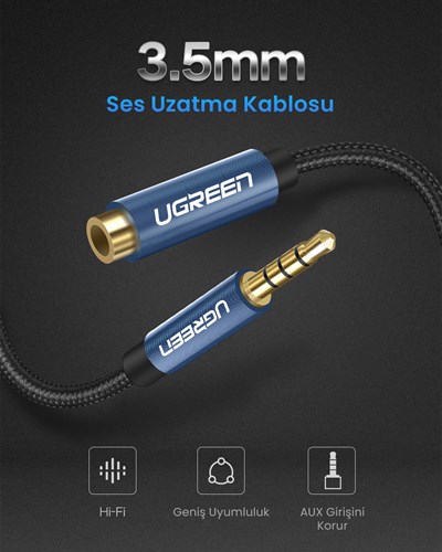UGREEN 3.5 mm Jack Ses Aux Örgülü Uzatma Kablosu 1 Metre, 40673
