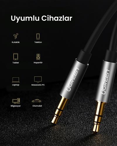 UGREEN 3.5mm Aux Ses Kablosu, 2m, Siyah, 10735