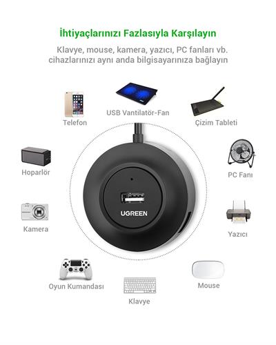 UGREEN 4 Portlu USB 2.0 Hub Çoklayıcı, Siyah, 20277