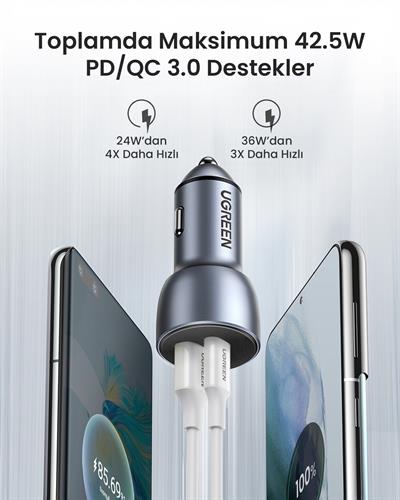 UGREEN 52.5W QC PD Hızlı Araç İçi Şarj Cihazı Çakmaklık Adaptörü 1xUSB-C, 1xUSB-A, Uzay Grisi, 60980