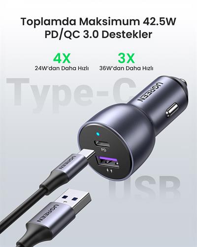 UGREEN 52.5W QC PD Hızlı Araç İçi Şarj Cihazı Çakmaklık Adaptörü 1xUSB-C, 1xUSB-A, Uzay Grisi, 60980