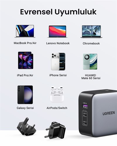 UGREEN 65W GaN 3 Portlu Seyehat Hızlı Şarj Cihazı , 90409