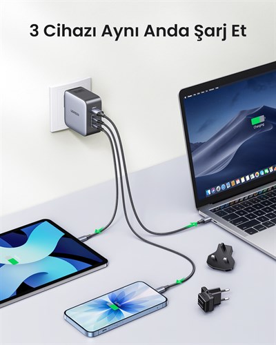 UGREEN 65W GaN 3 Portlu Seyehat Hızlı Şarj Cihazı , 90409
