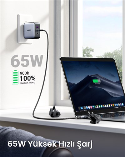 UGREEN 65W GaN 3 Portlu Seyehat Hızlı Şarj Cihazı , 90409