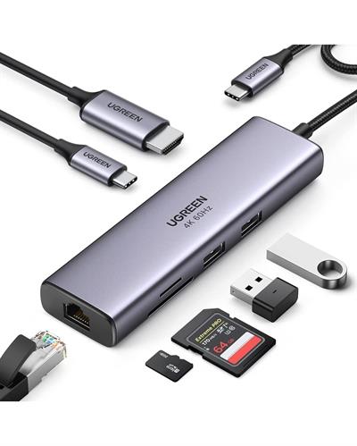 UGREEN 7-in-1 2*USB 3.0, 100W Type-C, 4K/30Hz HDMI, RJ45, SD, TF, Port Çoklayıcı Hub 60515