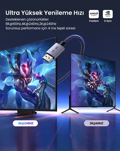 Ugreen 8K 60Hz Displayport to Displayport 1.4 Örgülü Kablo, 3m, 25906