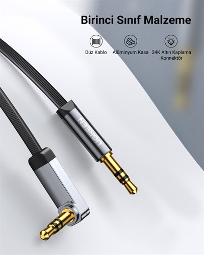 UGREEN 90 derece Dik Açılı 3.5mm Flat Aux Ses Kablosu 1 Metre, 10597