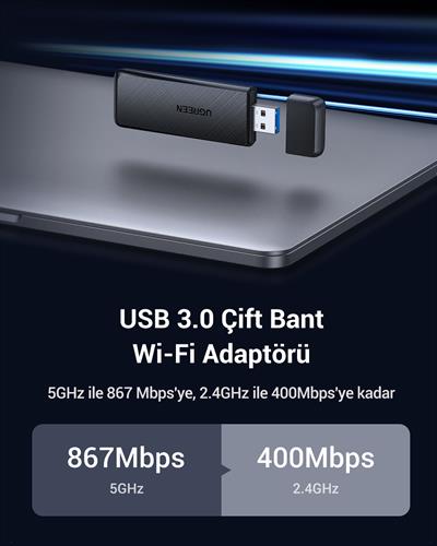 UGREEN AC1300 USB 3.0 1300Mbps 2.4/5Ghz Wi-Fi Kablosuz Alıcı Ağ Adaptörü, 50340
