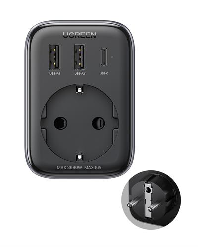 UGREEN Akım Korumalı Duvar Prizi 2xUSB-A, Type-C 30W GaN Hızlı Şarj Cihazı , 90613