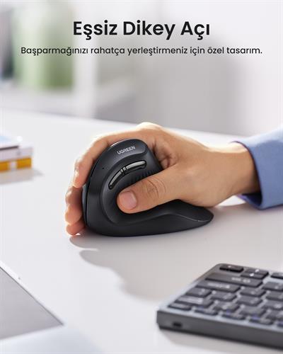 UGREEN Dikey Ergonomik Fare Kablosuz (BT 5.0+2.4G) 6 Düğmeli, 1000/1600/2000/4000 DPI Mouse, Siyah, 25444