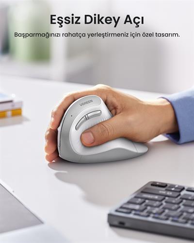 UGREEN Dikey Ergonomik Fare Kablosuz (BT 5.0+2.4G) 6 Düğmeli, 1000/1600/2000/4000 DPI Mouse, Beyaz, 45759
