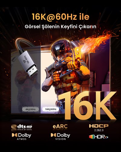 UGREEN Displayport 16K@60Hz Male to Male Örgülü Kablo 2m, 55568