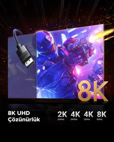 Ugreen 8K 60Hz Displayport to Displayport 1.4 Örgülü Kablo, 2m, 80392