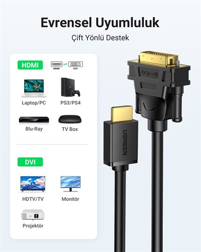 UGREEN HDMI to DVI 1080P Çift Yönlü Görüntü Aktarma Kablosu, 2 Metre, 10135