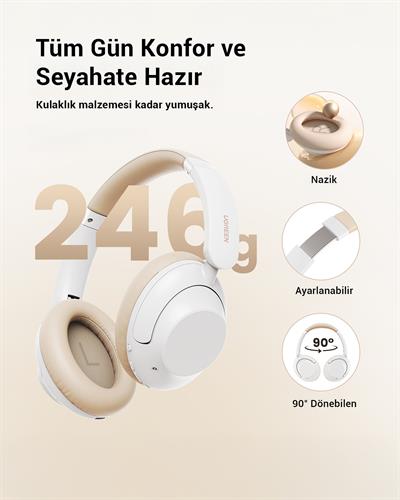 UGREEN HiTune Max5 Hibrit Aktif Gürültü Engelleyici Kablosuz Kulak Üstü Kulaklık, ANC Kapalı 90 Saat, ANC Açık 55 Saat, Beyaz, 15809