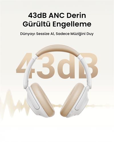 UGREEN HiTune Max5 Hibrit Aktif Gürültü Engelleyici Kablosuz Kulak Üstü Kulaklık, ANC Kapalı 90 Saat, ANC Açık 55 Saat, Beyaz, 15809