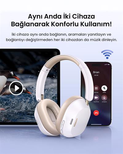 UGREEN HiTune Max5c Hibrit Gürültü Aktif Gürültü Engelleyici Kablosuz Kulak Üstü Kulaklık, İpek Beyazı, 35758