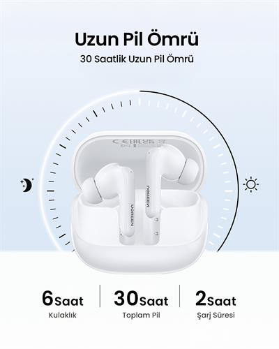 UGREEN HiTune T6 Magic Aktif Gürrültü Engelleyici Ekranlı Kablosuz Kulak İçi Kulaklık, 30 Saat Çalma Süresi, 4 Mikrofon, ANC, Beyaz, 55137