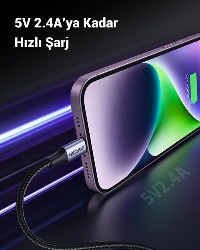 UGREEN Lightning to USB-A Örgülü MFi Sertifikalı İphone Hızlı Şarj Kablosu, 1 Metre, Siyah, 60156