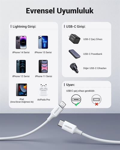 UGREEN Type-C to Lightning 3A PD MFi Sertifikalı Hızlı Şarj Kablosu, 1 Metre, Beyaz, 10493