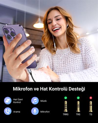 UGREEN MFi Sertifikalı Lightning to 3.5mm Aux Dönüştürücü Adaptör, Siyah, 30756