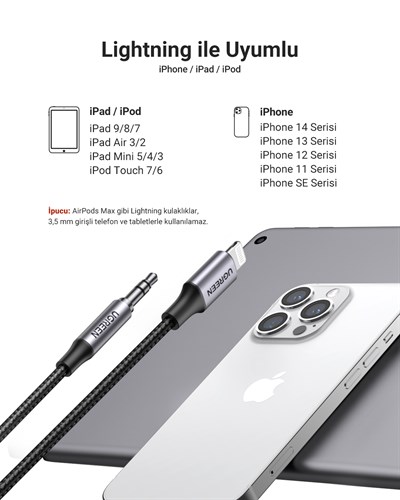 UGREEN Mfi Sertifikalı Lightning to 3.5mm Örgülü Ses Kablosu, 1 Metre, Siyah, 70509