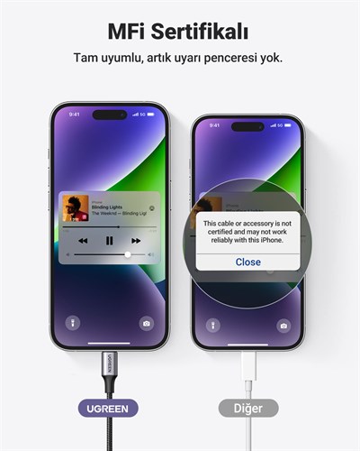 UGREEN Mfi Sertifikalı Lightning to 3.5mm Örgülü Ses Kablosu, 1 Metre, Siyah, 70509